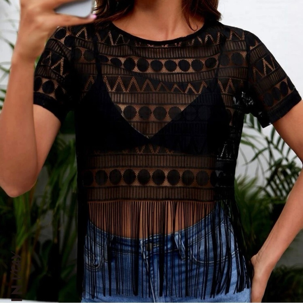 NWT Black lace fringe top - Picture 5 of 7